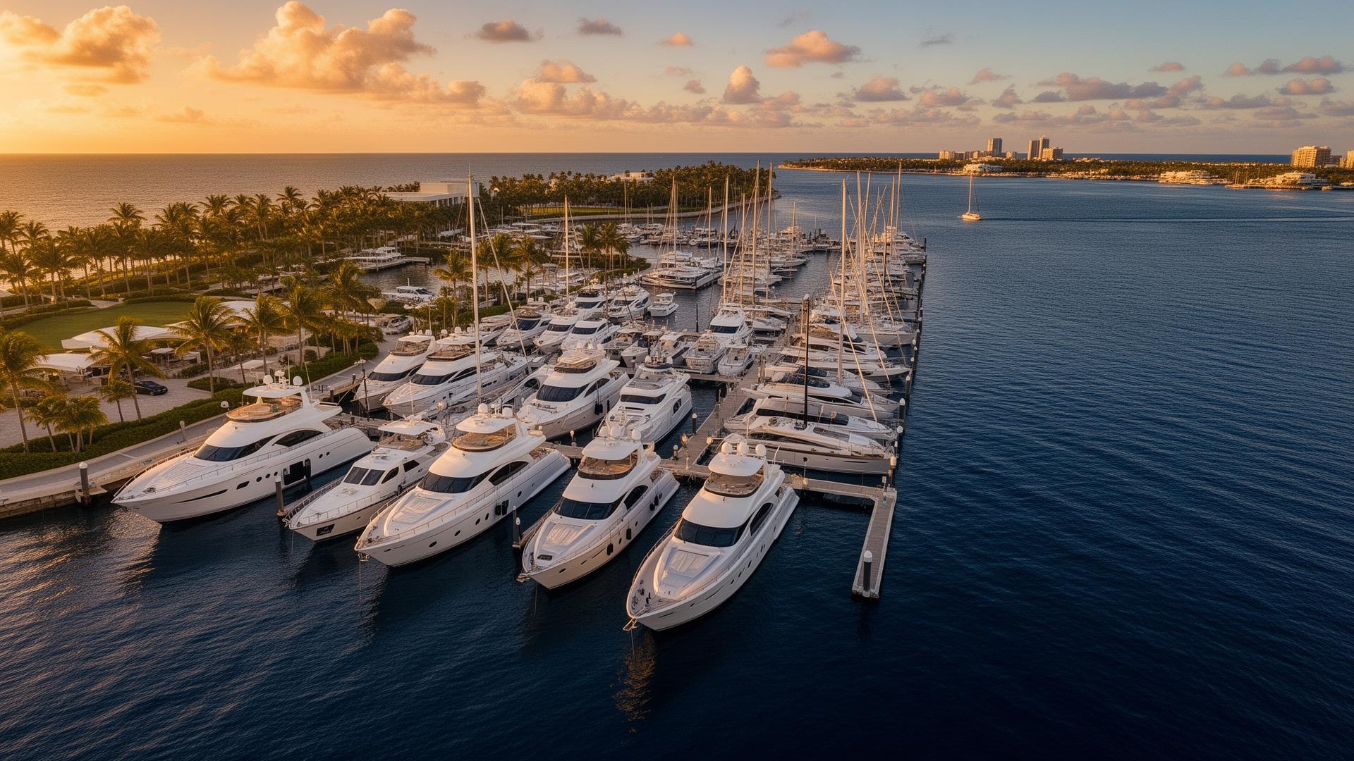 Aerial view of a luxury marina at sunset with yachts in wet slips